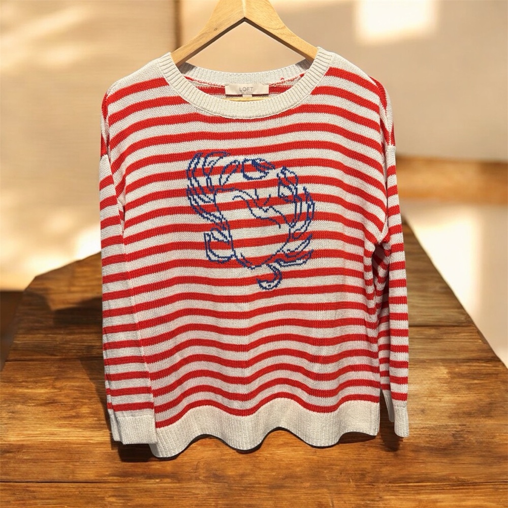 LOFT Red & White Striped Crewneck Sweater with Blue Embroidered Motif